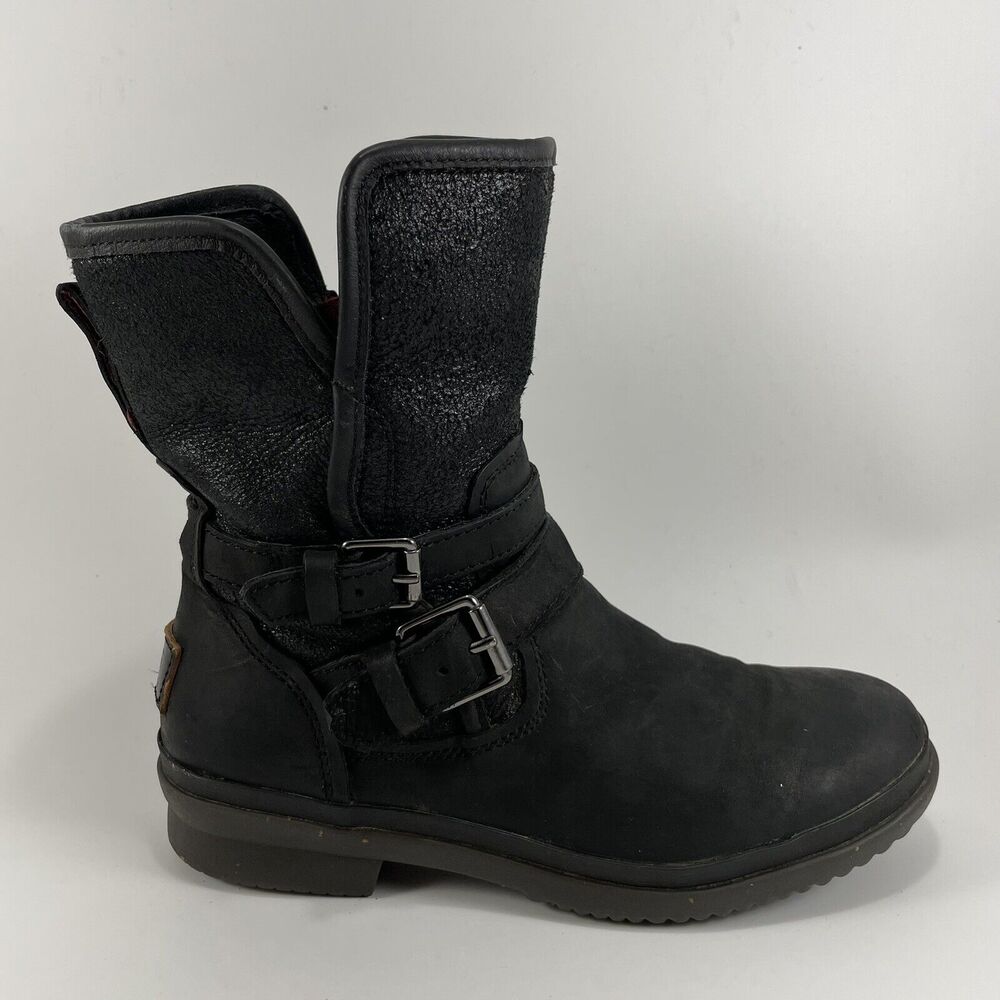 UGG Simmens Double Buckle Leather Boots Womens Size 6 Black Waterproof Leather
